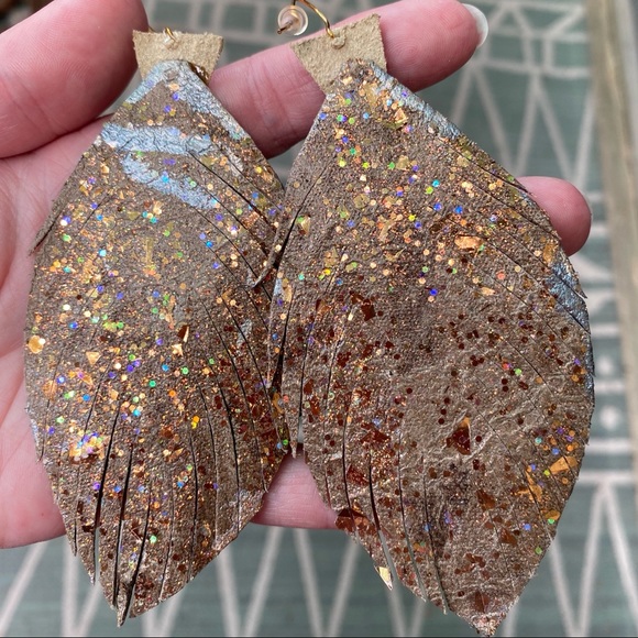 Leather Feather Drop Earrings - Picture 6 of 8